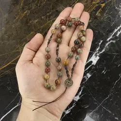 تسبیح کلکسیونی جاسپر امپریال کمیاب هارمونی رنگ خاص با نقش و نگار زیبا 33 دانه دستساز اسلیمی بافت مکرومه