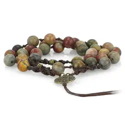 تسبیح کلکسیونی جاسپر امپریال کمیاب هارمونی رنگ خاص با نقش و نگار زیبا 33 دانه دستساز اسلیمی بافت مکرومه