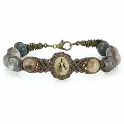 دستبند عقیق شجری نقش برگ، عقیق خزه ای، جاسپر سبز و عقیق کاراملی معدنی بسیار خوشرنگ دور بافت مکرومه