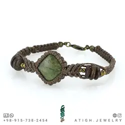 دستبند جاسپر سبز تراش لوزی و برنزیت معدنی تراش سکه ای نامنظم کیفیت عالی بسیار خوشرنگ بافت مکرومه دستساز
