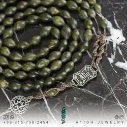 تسبیح و گردنبند شاه مقصود افغان سبز تیره یشمی مرغوب 101 دانه تراش هلی عالی معدنی دستساز بسیار خوشرنگ طراحی اسلیمی بافت مکرومه