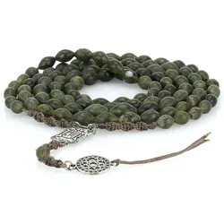 تسبیح و گردنبند شاه مقصود افغان سبز تیره یشمی مرغوب 101 دانه تراش هلی عالی معدنی دستساز بسیار خوشرنگ طراحی اسلیمی بافت مکرومه