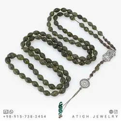 تسبیح و گردنبند شاه مقصود افغان سبز تیره یشمی مرغوب 101 دانه تراش هلی عالی معدنی دستساز بسیار خوشرنگ طراحی اسلیمی بافت مکرومه