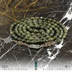 تسبیح و گردنبند شاه مقصود افغان سبز تیره یشمی مرغوب 101 دانه تراش هلی عالی معدنی دستساز بسیار خوشرنگ طراحی اسلیمی بافت مکرومه