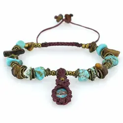 دستبند فیروزه نیشابوری صددرصد طبیعی دور بافت مکرومه همراه فیروزه مصری و چشم ببر نامنظم معدنی بسیار خاص بافت کشویی