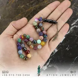 تسبیح احجار الشفا (سنگ درمانی)، هفت سنگ چاکرا و محافظ هاله انرژی 33 دانه شیخک عقیق سیاه معدنی سری بینظیر سنگ های کمیاب 34 نوع سنگ