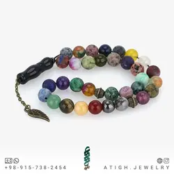 تسبیح احجار الشفا (سنگ درمانی)، هفت سنگ چاکرا و محافظ هاله انرژی 33 دانه شیخک عقیق سیاه معدنی سری بینظیر سنگ های کمیاب 34 نوع سنگ