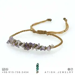 دستبند آمتیست تراش نخورده (راف) معدنی بافت مکرومه فری سایز ضد استرس