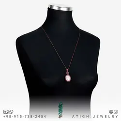 گردنبند کوارتز صورتی (رز کوارتز) معدنی تراش بیضی بسیار خوشرنگ درشت تخصصی چاکرای قلب کوالیتی عالی بافت مکرومه دستساز