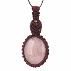 گردنبند کوارتز صورتی (رز کوارتز) معدنی تراش بیضی بسیار خوشرنگ درشت تخصصی چاکرای قلب کوالیتی عالی بافت مکرومه دستساز