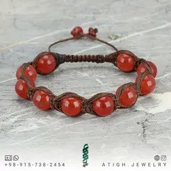 دستبند عقیق سرخ معدنی کیفیت عالی بسیار خوشرنگ بافت مکرومه دستساز فری سایز