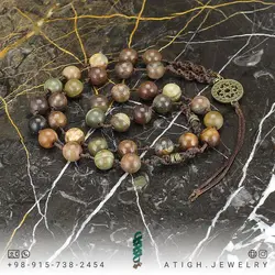 تسبیح کلکسیونی جاسپر امپریال معدنی هارمونی رنگ خاص با نقش و نگار منحصر به فرد 33 دانه دستساز اسلیمی بافت مکرومه