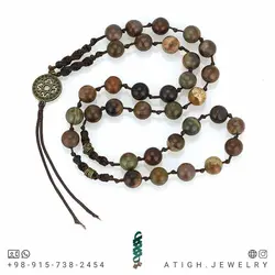 تسبیح کلکسیونی جاسپر امپریال معدنی هارمونی رنگ خاص با نقش و نگار منحصر به فرد 33 دانه دستساز اسلیمی بافت مکرومه