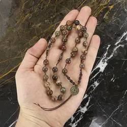 تسبیح کلکسیونی جاسپر امپریال معدنی هارمونی رنگ خاص با نقش و نگار منحصر به فرد 33 دانه دستساز اسلیمی بافت مکرومه