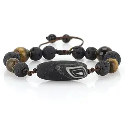 دستبند مهره لول عقیق سیاه سلیمانی مات طرح قدیمی با نقوش زیبا همراه چشم ببر و لاوا طبیعی بافت کشویی فری سایز