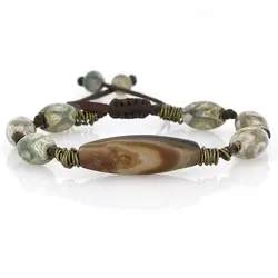 دستبند مهره لول عقیق سلیمانی قهوه ای مات طرح قدیمی با نقش و نگار زیبا همراه عقیق تبتی چشمی بافت کشویی فری سایز