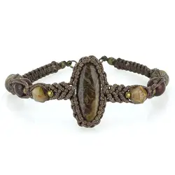 دستبند جاسپر تراش بیضی، چشم ببر تراش استار، سنگ خون و مار سنگ معدنی با نقش و نگار خاص هارمونی رنگ جذاب بافت مکرومه دستساز