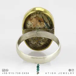 انگشتر نقره فیروزه نیشابوری شجری معدنی درشت با نقش و نگار زیبا سبز خوشرنگ صددرصد طبیعی رکاب دستساز نقره 925 عیار دور طلایی