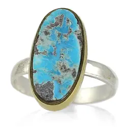 انگشتر نقره فیروزه نیشابوری شجری معدنی رنگ عالی با نقش و نگار زیبا رنگ صددرصد طبیعی رکاب دستساز نقره 925 عیار دور ساده طلایی