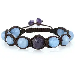 دستبند آمتیست تراش نخورده (راف)، آکوامارین تراش دار معدنی دور بافت مکرومه کشویی فری سایز