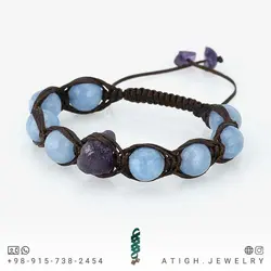 دستبند آمتیست تراش نخورده (راف)، آکوامارین تراش دار معدنی دور بافت مکرومه کشویی فری سایز