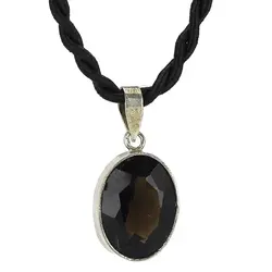 گردنبند نقره کوارتز دودی (smocky quartz) معدنی کیفیت عالی تراش برلیانی فریم دستساز 925 عیار همراه بند چرم
