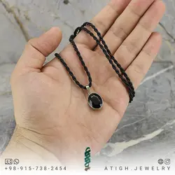 گردنبند نقره کوارتز دودی (smocky quartz) معدنی کیفیت عالی تراش برلیانی فریم دستساز 925 عیار همراه بند چرم