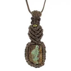 گردنبند فیروزه نیشابوری شجری رنگ صددرصد طبیعی تراش نخورده (راف) معدنی بافت مکرومه دستساز بسیار زیبا همراه بند چرم