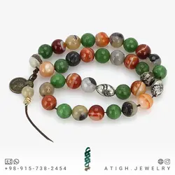 تسبیح میکس عقیق کارنلین، عقیق سلیمانی تراش دار و یشم سبز تراش دار معدنی کیفیت عالی با نقش و نگار زیبا طراحی اسلیمی ۳۳ دانه دستساز