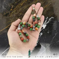تسبیح میکس عقیق کارنلین، عقیق سلیمانی تراش دار و یشم سبز تراش دار معدنی کیفیت عالی با نقش و نگار زیبا طراحی اسلیمی ۳۳ دانه دستساز