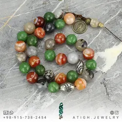 تسبیح میکس عقیق کارنلین، عقیق سلیمانی تراش دار و یشم سبز تراش دار معدنی کیفیت عالی با نقش و نگار زیبا طراحی اسلیمی ۳۳ دانه دستساز