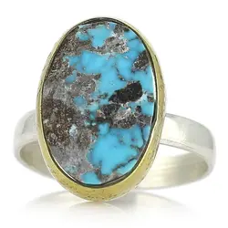 انگشتر نقره فیروزه نیشابوری شجری معدنی با نقش و نگار زیبا آبی خوشرنگ صددرصد طبیعی (بدون احیا) رکاب نقره ۹۲۵ عیار دستساز دور طلایی