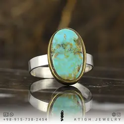 انگشتر نقره فیروزه شجری معدنی نیشابوری رنگ بسیار خاص با رگه های طلایی منحصر به فرد رنگ صد درصد طبیعی رکاب ۹۲۵ عیار دستساز
