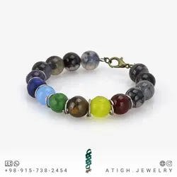 دستبند هفت سنگ چاکرا عقیق کبدی، جید زبرجدی، چشم ببر، یشم، آکوامارین، سودالیت، آمتیست و عقیق دراگون معدنی با رگه های خاص سری بینظیر سنگهای قیمتی
