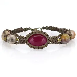 دستبند جید سرخابی رنگ بسیار زیبا همراه جاسپر امپریال رگه های بسیار زیبا و چشم ببر معدنی بافت مکرومه دستساز بسیار خاص