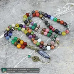 تسبیح و گردنبند لوکس احجار الشفا (سنگ درمانی) 43 نوع سنگ، هفت سنگ چاکرا، حدید محافظ هاله انرژی 101 دانه دستساز با کرکوش صدف آبالون طبیعی