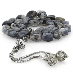 تسبیح عقیق شجری اژدها- دراگون طوسی تراش پیچ کیفیت عالی۳۳ دانه معدنی دستساز‌ با نقش و نگار بسیار زیبا دستساز طراحی اسلیمی کرکوش ترک طرح گنبد