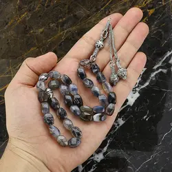 تسبیح عقیق شجری اژدها- دراگون طوسی تراش پیچ کیفیت عالی۳۳ دانه معدنی دستساز‌ با نقش و نگار بسیار زیبا دستساز طراحی اسلیمی کرکوش ترک طرح گنبد