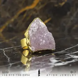 انگشتر ژئود آمتیست بلور معدنی بسیار خوشرنگ و خاص تراش مثلثی درشت سنگ درمانی آرامش بخش رکاب فری سایز