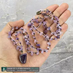 گردنبند آمتیست معدنی بسیار خوشرنگ تراش نامنظم سنگ درمانی تخصصی چاکرای هفتم بافت گره ای