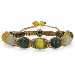 دستبند عقیق زرد سلیمانی، عقیق سبز و عقیق اژدها (دراگون) مهره تراش دار سایز درشت بافت مکرومه فری سایز اسلیمی