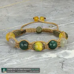 دستبند عقیق زرد سلیمانی، عقیق سبز و عقیق اژدها (دراگون) مهره تراش دار سایز درشت بافت مکرومه فری سایز اسلیمی
