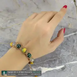 دستبند عقیق زرد سلیمانی، عقیق سبز و عقیق اژدها (دراگون) مهره تراش دار سایز درشت بافت مکرومه فری سایز اسلیمی