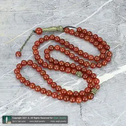تسبیح عقیق سرخ معدنی شفاف 101 دانه دستساز بسیار خوشرنگ طراحی اسلیمی