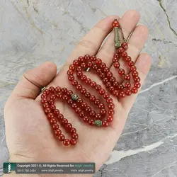 تسبیح عقیق سرخ معدنی شفاف 101 دانه دستساز بسیار خوشرنگ طراحی اسلیمی