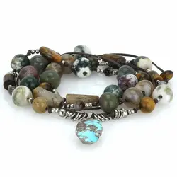 گردنبند تمام سنگ آویز فیروزه نیشابوری، چشم ببر انواع تراش، عقیق خزه ای، عقیق سلیمانی، جاسپر و رودونیت معدنی بافت کشویی