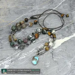 گردنبند تمام سنگ آویز فیروزه نیشابوری، چشم ببر انواع تراش، عقیق خزه ای، عقیق سلیمانی، جاسپر و رودونیت معدنی بافت کشویی