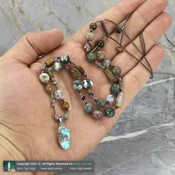 گردنبند تمام سنگ آویز فیروزه نیشابوری، چشم ببر انواع تراش، عقیق خزه ای، عقیق سلیمانی، جاسپر و رودونیت معدنی بافت کشویی