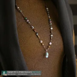 گردنبند تمام سنگ آویز فیروزه نیشابوری، چشم ببر انواع تراش، عقیق خزه ای، عقیق سلیمانی، جاسپر و رودونیت معدنی بافت کشویی