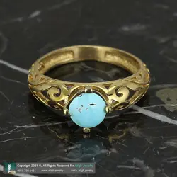 انگشتر فیروزه نیشابوری شجری معدنی خوشرنگ رکاب اسلیمی طرح قلب طلا روسی چهار چنگ